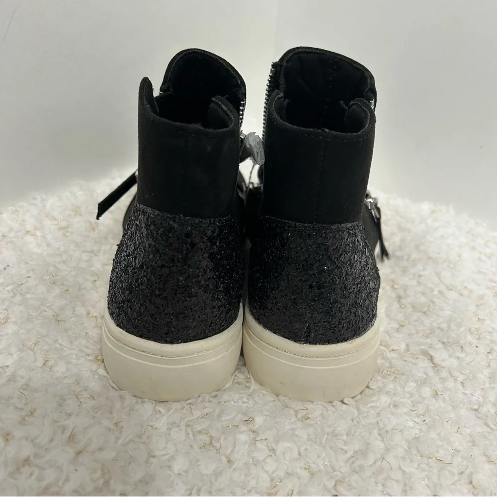 Joie Kids Black Faux Suede Glitter Heel High Top Sneakers Side Zip Boots Size‎ 4